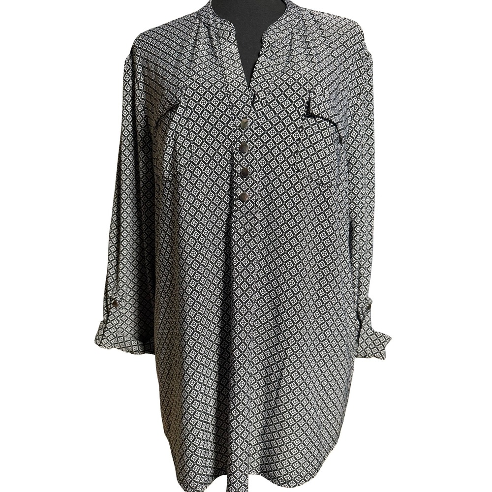 Ava & Grace Womens XL Black White Geometric Diamond Print Henley Tunic Blouse